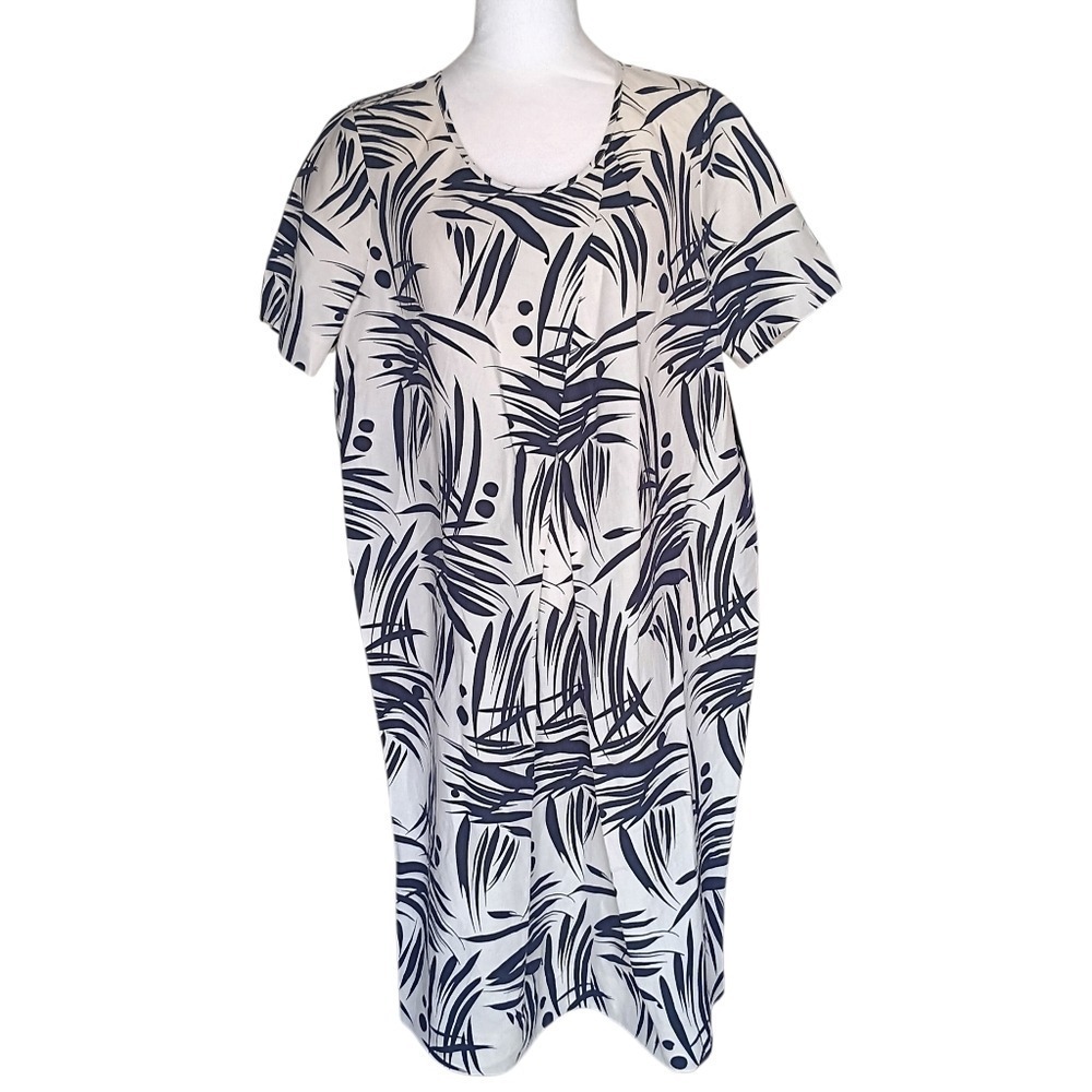 Pure Collection Cocoon Dress Womens 12 Navy White Silk Linen Bamboo Print NEW